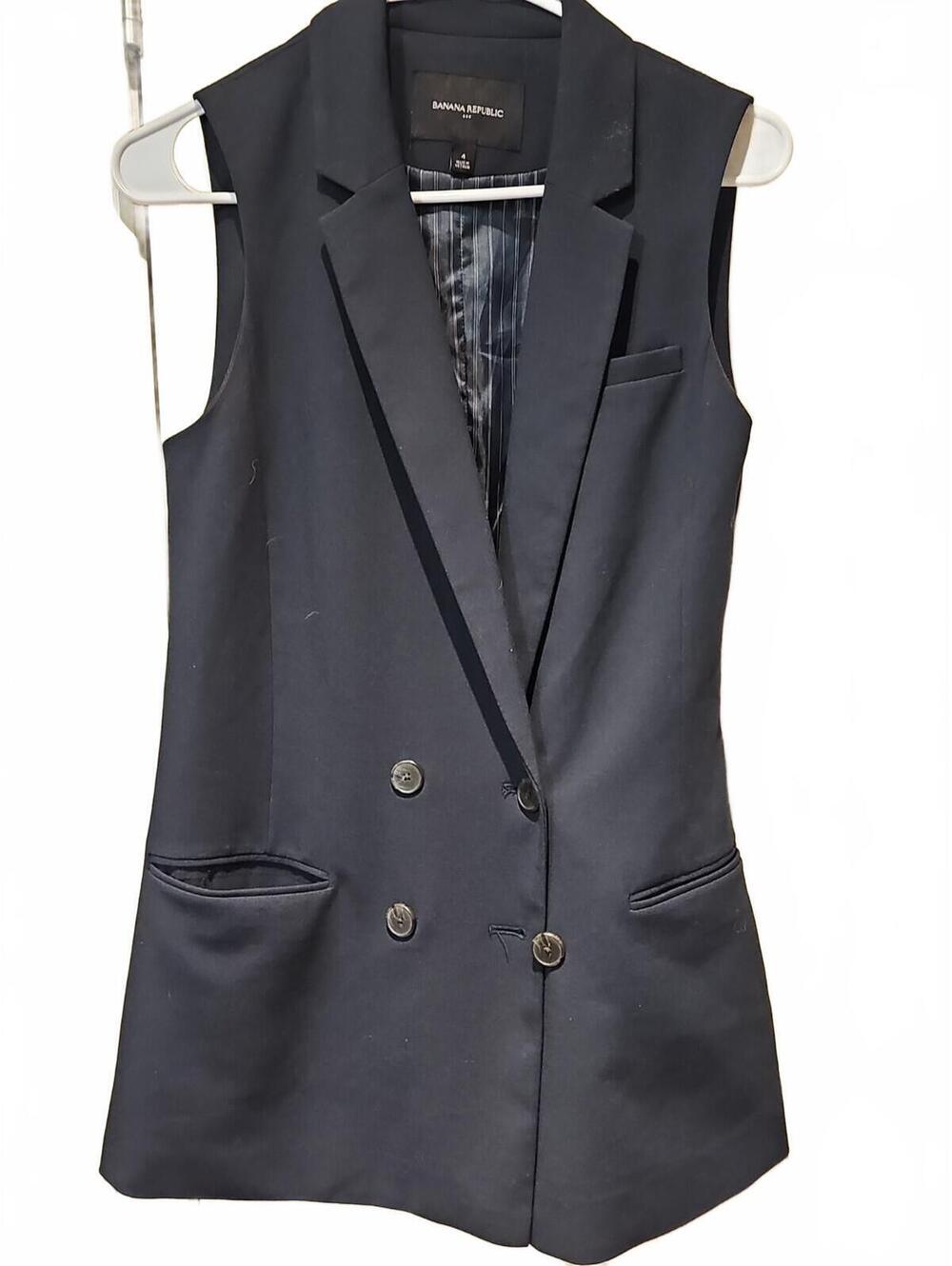 BANANA REPUBLIC Longline Vest Blazer Double Breasted Black Sleeveless Women's 4